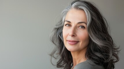 Fototapeta premium Mature Woman With Silver Highlights Smiling Against Grey Background