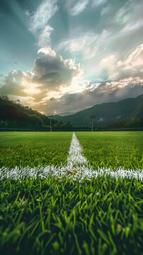 Imagen desde el suelo de un cancho de futbol Soccer al atardecer 