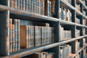 Rows of books on wooden shelves in a quiet library, creating a serene and scholarly atmosphere.