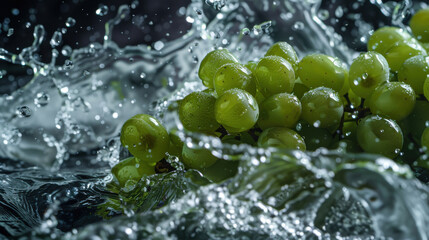 Dramatic splash of green grapes in water // high-speed cinematic photo