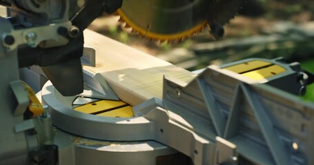 A Saw Lowering Down and Cutting Through A Wood Board