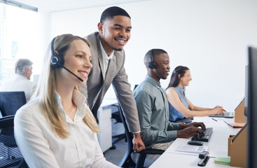 Customer service, training and business people with smile by computer for telecom, review and learning. Office, headset and mentor with help to trainee for call center, telemarketing and solution