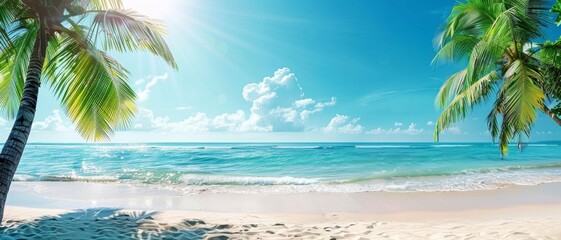 Sunny day on a tropical beach with palm trees and crystal clear water