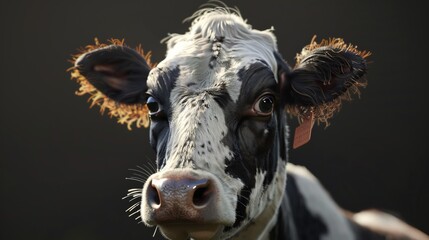 A close-up of a black and white cow with expressive eyes, adorned with a farm tag, capturing the essence of farm life and the gentleness of livestock, set against a dark background.