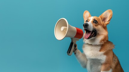 Funny corgi dog shouting into megaphone on blue studio background with copy space, announcing great news or offer