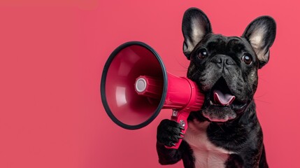 Funny black French bulldog shouting into megaphone on pink studio background with copy space, announcing great news or offer