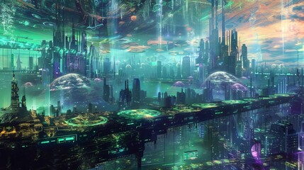 An advanced sci-fi metropolis featuring towering buildings, dynamic lights and a fusion of futuristic design elements, depicting a highly developed urban environment.