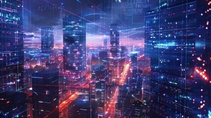 Naklejka premium A modern cityscape illuminated with vibrant neon lights, showcasing the interplay of advanced technology and urban infrastructure in a dazzling nighttime environment.