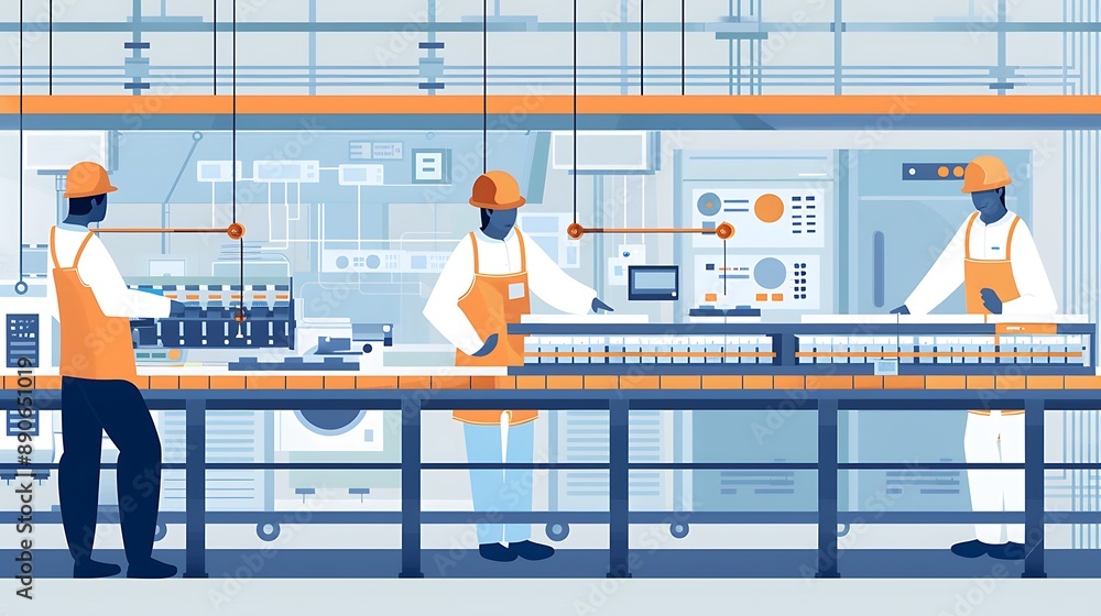 Poster three workers operating an automated production line