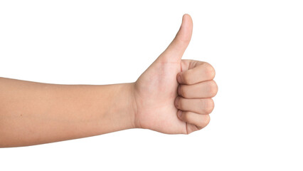 Male hand gesturing show thumbs up isolated on white background , Like sign left hand
