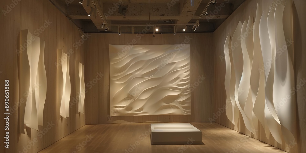 Poster a minimalist 3d relief sculpture in a contemporary art gallery, focusing on clean lines and subtle s