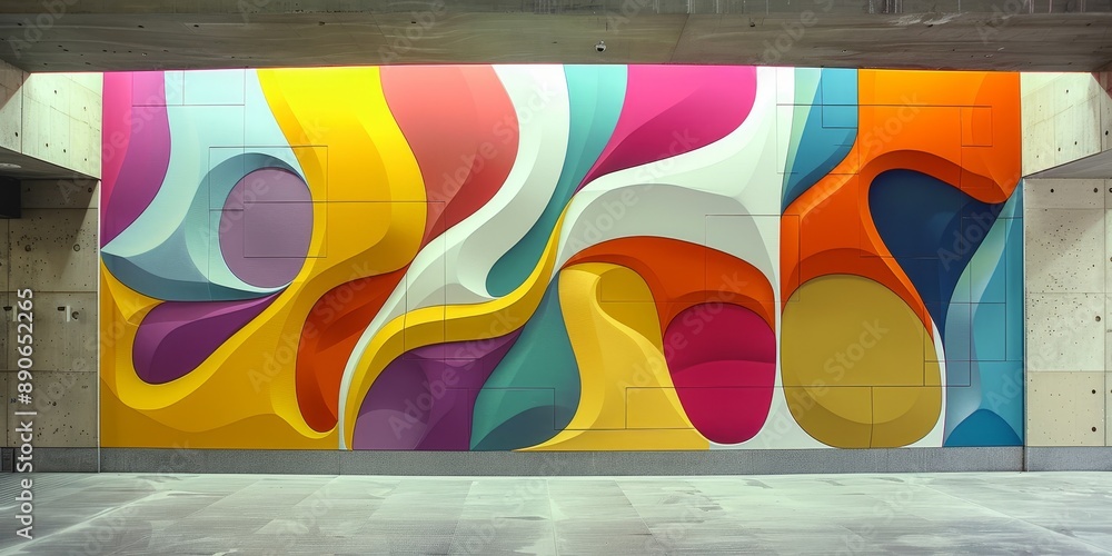 Poster a contemporary 3d mural in a public space, blending abstract shapes and optical illusions to engage 