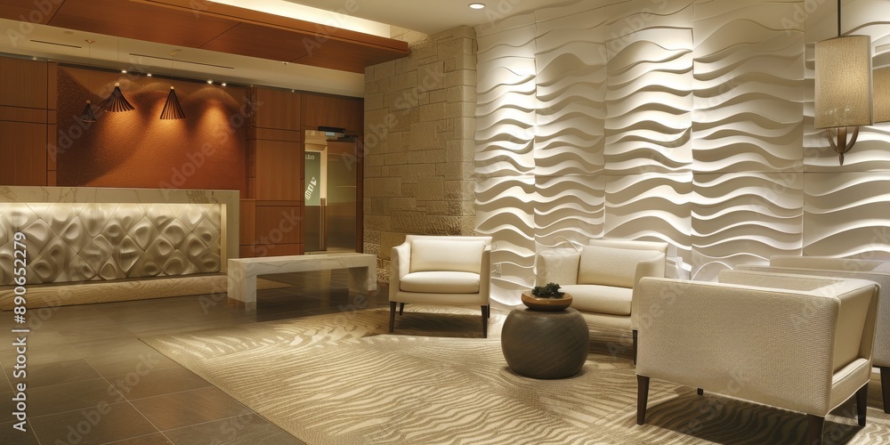 Poster a decorative 3d wall tile arrangement in a hotel lobby, adding visual interest with its intricate pa