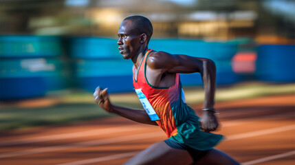 Focused Kenyan sprinter running on outdoor track during a daytime race
