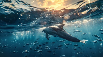 Fototapeta premium A breathtaking image capturing a single dolphin swimming elegantly near the surface with a school of fish below, under the golden light of the setting sun illuminating the ocean.