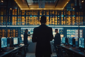 A man in a suit stands in a dimly lit control room, with multiple computer monitors displaying data and a woman behind him.