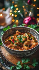 Festive chicken curry garnished with fresh herbs, perfect for holiday celebrations. Warm, hearty, and delicious meal for festive occasions.