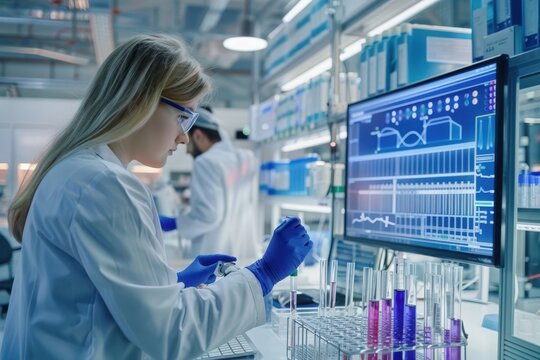 A scientist in a modern pharmaceutical laboratory works intently, meticulously handling test tubes filled with colorful liquids while reviewing data on a computer monitor.