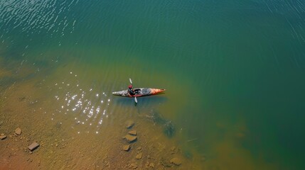 Fototapeta premium Aerial view of an individual kayaking on a calm, green river with clear water, surrounded by a rocky shoreline and vivid colors reflecting nature’s beauty.