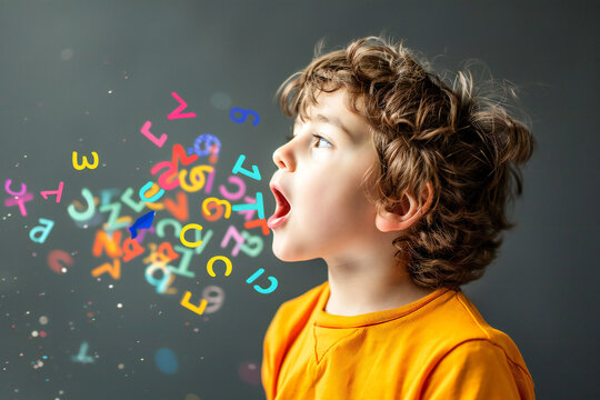 A young boy is learning to speak, or learning a foreign language.  Colorful letters fly out of his mouth. A creative representation of language learning and children's education