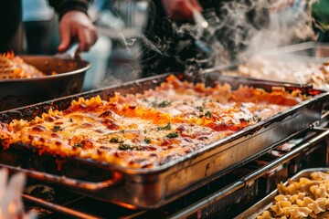 A steaming tray of freshly baked lasagna sits on a metal rack, ready to be served. The cheese is bubbling and the sauce is glistening, making it a visually appealing and mouthwatering dish.