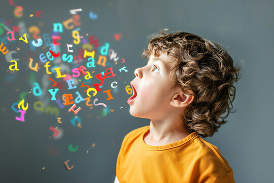 A young boy is learning to speak, or learning a foreign language.  Colorful letters fly out of his mouth. A creative representation of language learning and children's education