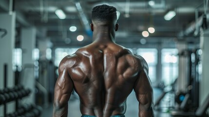 A muscular man faces away, highlighting his sculpted back while standing in a gym environment, conveying dedication to fitness and strength training.