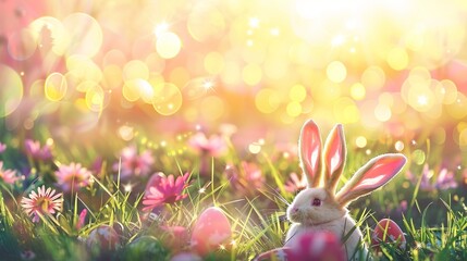 A cute bunny with pink ears sits among colorful Easter eggs in a meadow full of blooming flowers, illuminated by a warm, glowing sunlight with bokeh effects.
