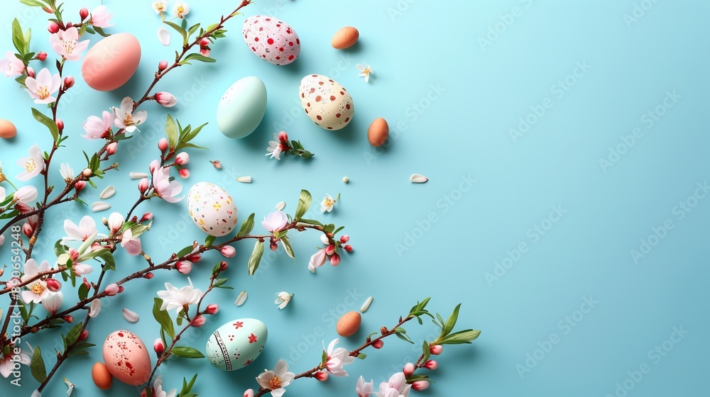 Wall mural Various Easter eggs with polka dots and floral patterns are arranged amidst blossoming branches, creating a lively and festive display on a light blue surface.