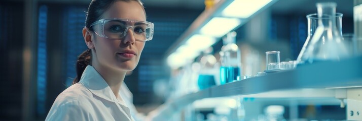 Female scientist wearing safety glasses in a laboratory setting. Copy space