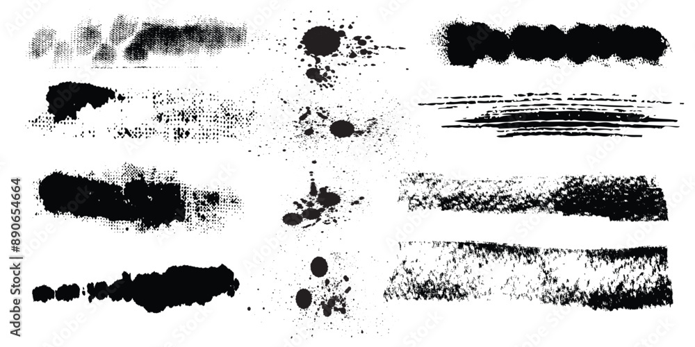 Poster set of paint brush stroke, ink splatter and artistic design elements. ink splashes. rough smears and