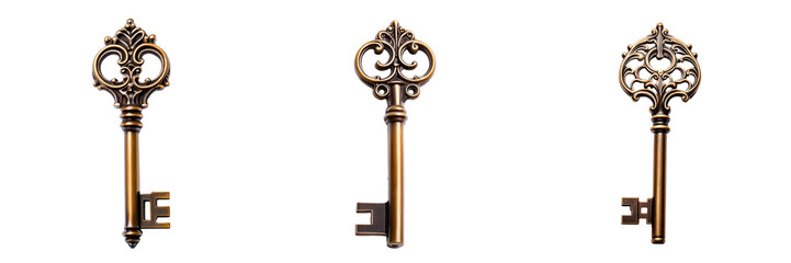 A set of antique bronze keys isolated on transparent background	
