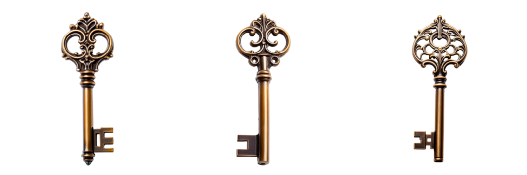 A set of antique bronze keys isolated on transparent background	
