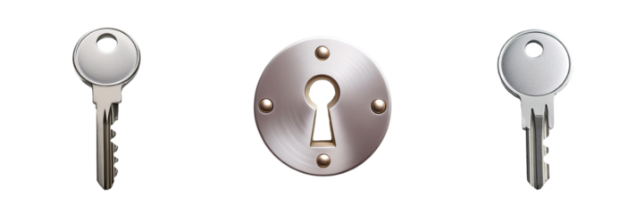 modern metal keys and keyhole isolated on transparent background