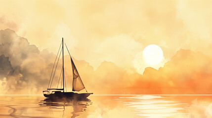 Watercolor painting of sailboat silhouette at sunset, orange and golden sky