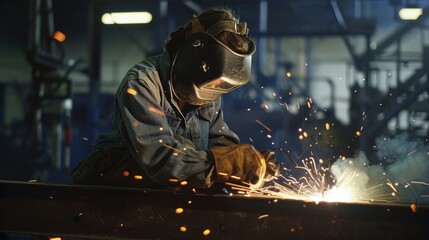 Female blue-collar welder working at a union steel manufacturing yard