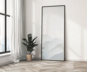  two vertical ISO A0 frame mockup, reflective glass, mockup poster on the wall . Interior mockup. Apartment background. Modern . 3D render