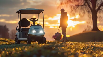 A man walks in a golden lit field during sunset, approaching a golf cart, suggesting an enjoyable end of a golf session with a beautiful and serene landscape in the background.