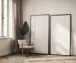  two vertical ISO A0 frame mockup, reflective glass, mockup poster on the wall . Interior mockup. Apartment background. Modern . 3D render