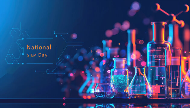 Scientific laboratory glassware with colorful chemical solutions and futuristic holographic elements. National STEM Day, education, chemistry experiments, science outreach, technology promotion.