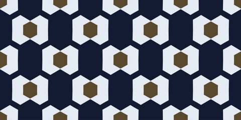 Hexagon tile shapes seamless pattern classic blue white background geometric motif. Modern geometrical grunge texture fabric design textile swatch ladies dress, men's shirt, scarf all over print block