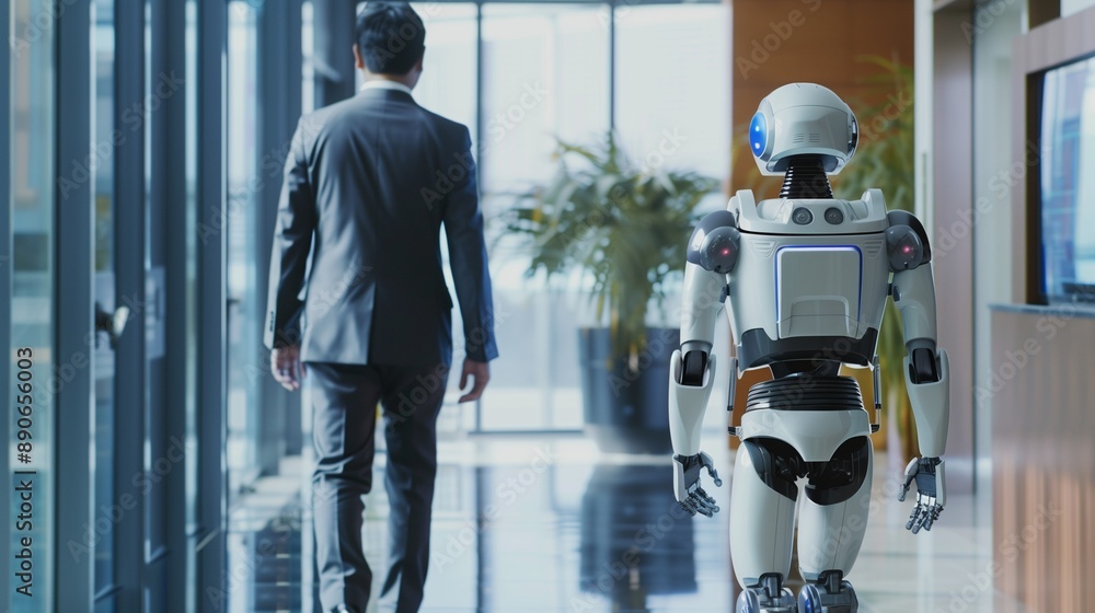 Poster a businessman and a robot walk side by side in a modern business building, symbolizing the intersect