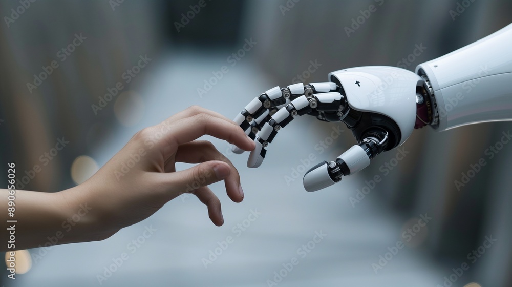 Poster a businessman and a robot walk side by side in a modern business building, symbolizing the intersect