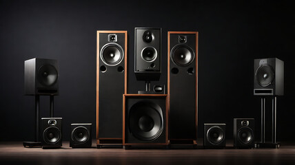 Obraz premium A loudspeakers for music and surround sound home theatre system placed in dark background with copy space, sound system banner design on isolated background 