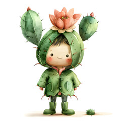 Cute little boy wearing a cactus costume on a white background, in the illustration style. Children's book cover design, simple and cute, with a watercolor texture, high-definition, and high-quality 