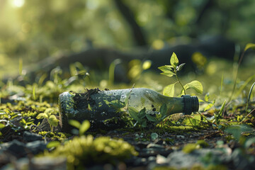 Plastic bottle covered with moss and plants lying in a green forest floor