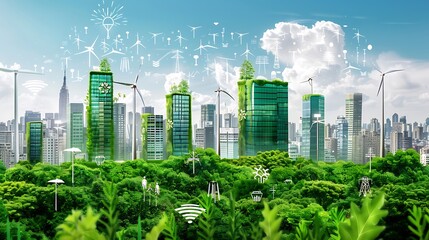Eco-Friendly Cityscape with Wind Turbines and Green Buildings