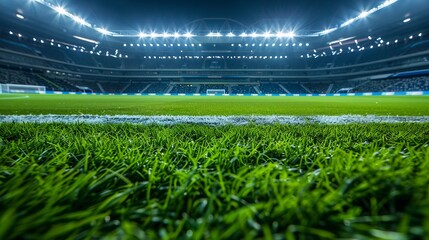 A brightly lit soccer stadium highlighting freshly manicured green grass under the floodlights at night, capturing the essence of a grand sports arena ready for action.
