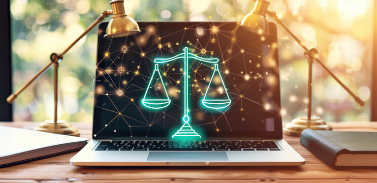 Illuminated justice scale hologram on laptop screen with abstract technology background. Legal tech, digital justice, online law services, modern legal solutions, cybersecurity in law.