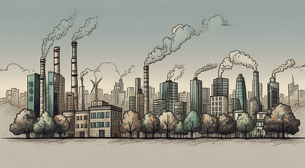 Fototapeta premium A minimalistic cartoon sketch showing the mitigation gap of temperature increase, CO2 emission, with a tree in middle and buildings in background, Abstract cartoon sketch style 